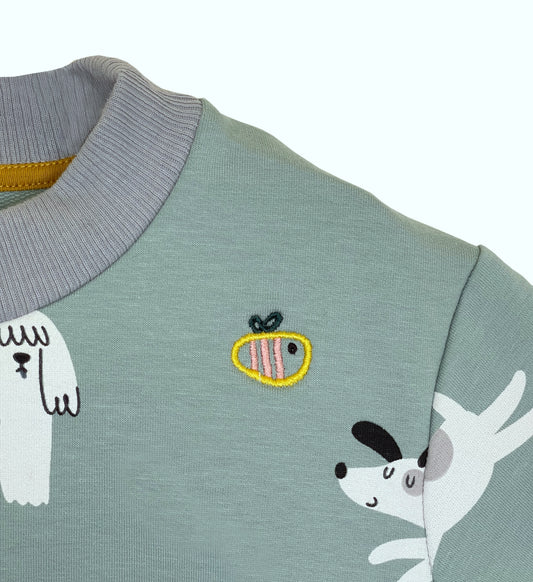 Felpa leggera in cotone biologico – Verde Salvia con fantasia Cani