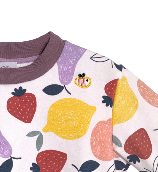 Felpa leggera in cotone biologico – Bianca con fantasia Frutta