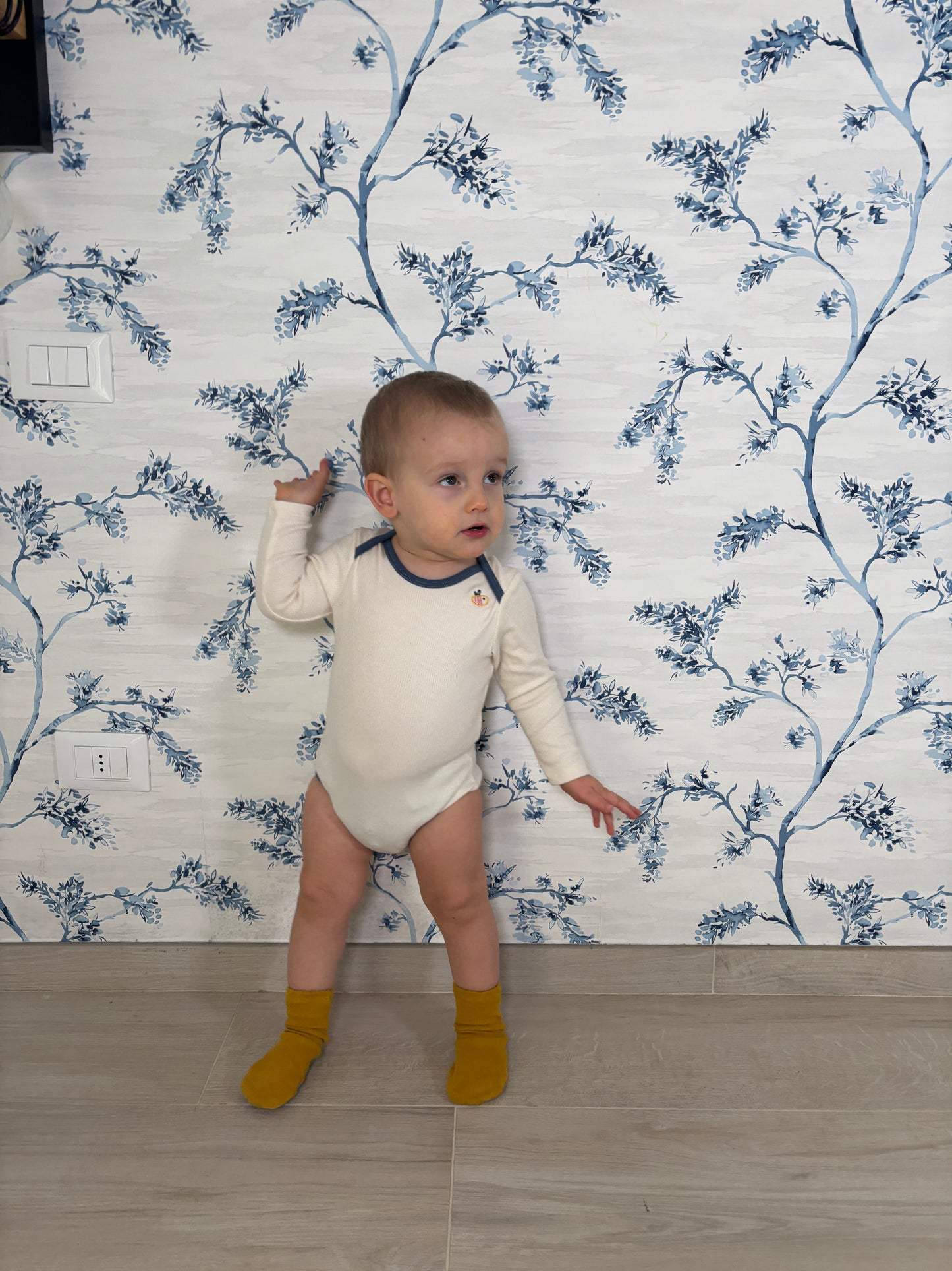 Body in cotone biologico a costine - Ecrù con bordi blu
