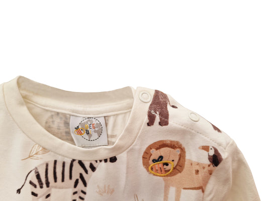 Maglietta con bottoni a manica lunga in cotone biologico – Avorio con fantasia Safari