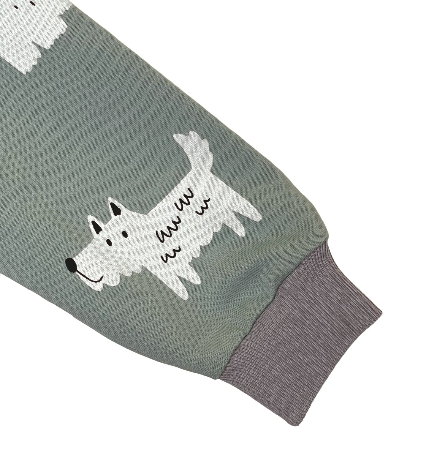 Felpa leggera in cotone biologico – Verde Salvia con fantasia Cani