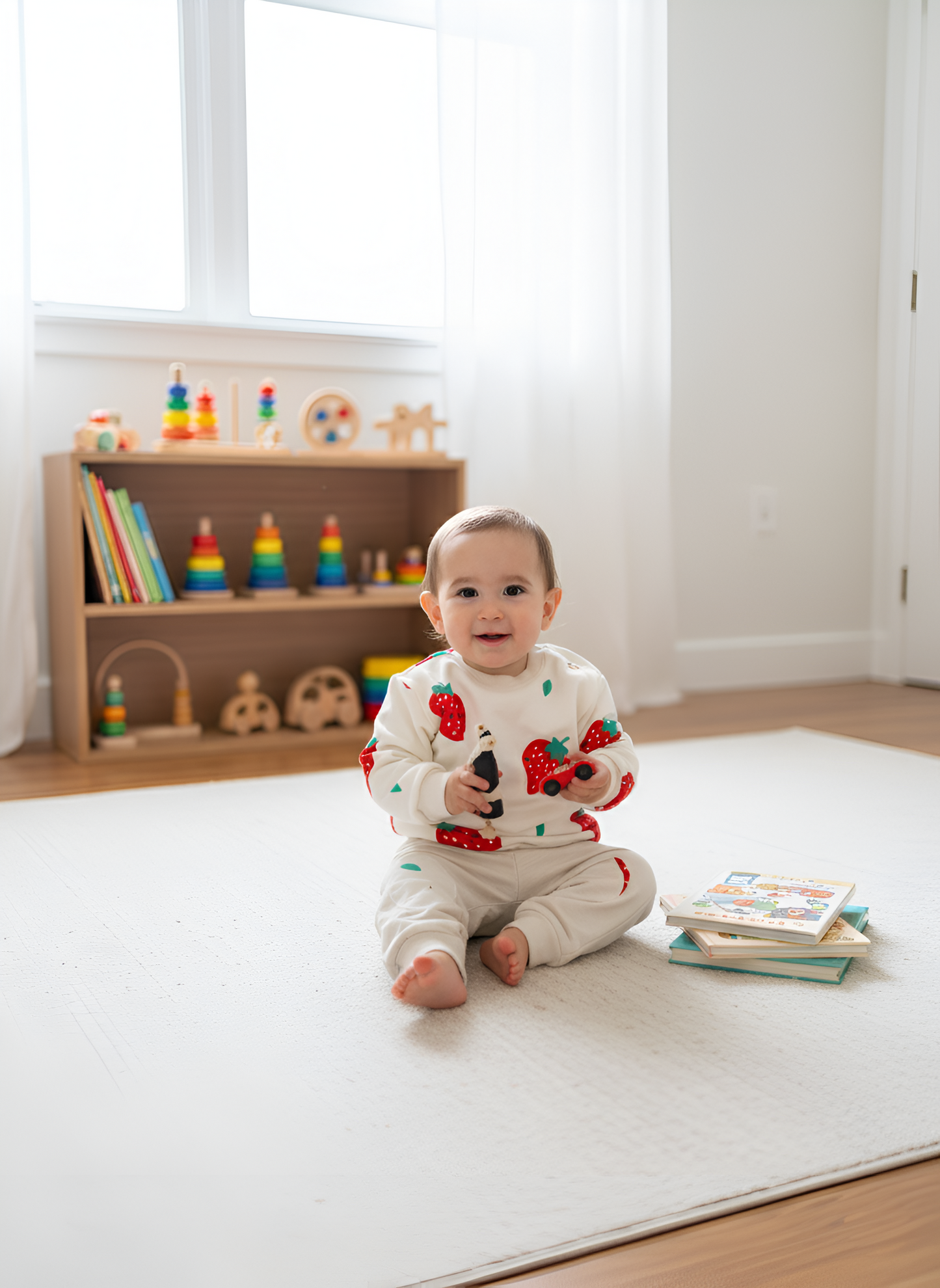 Pantalone lungo in cotone biologico felpato con toppe – Color Panna con toppe con le fragole