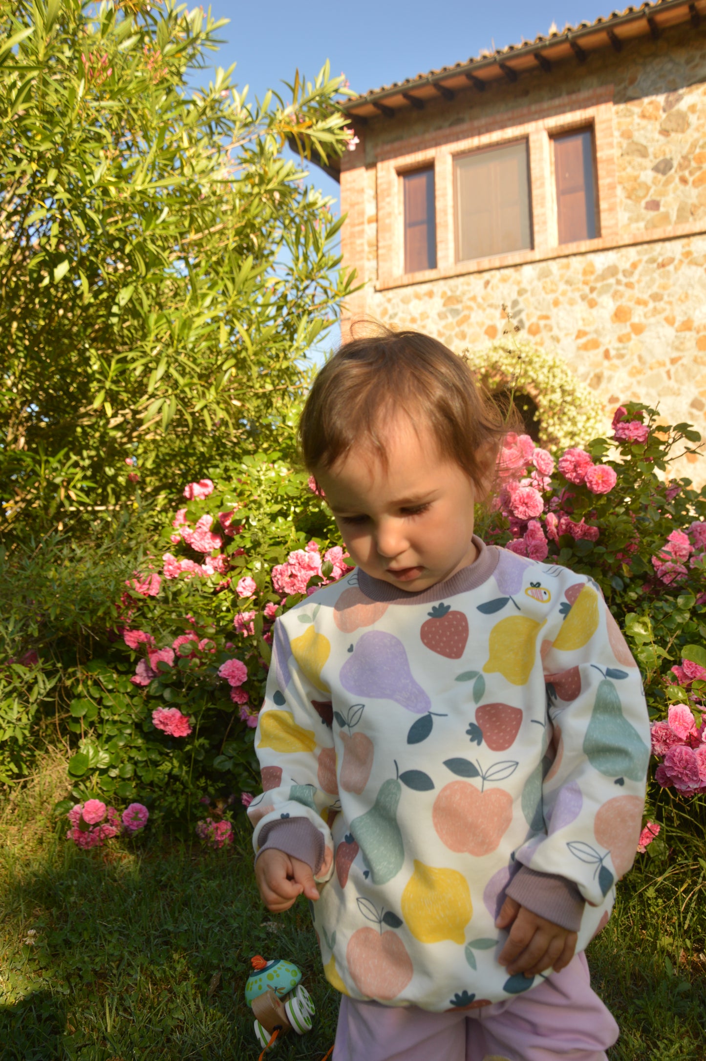 Felpa leggera in cotone biologico – Bianca con fantasia Frutta