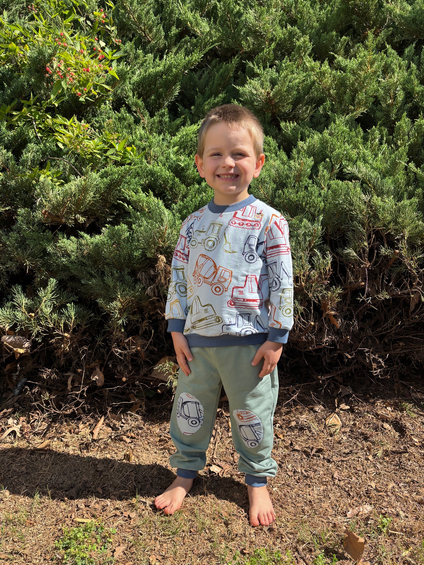 Felpa leggera in cotone biologico – Celeste con fantasia Cantiere