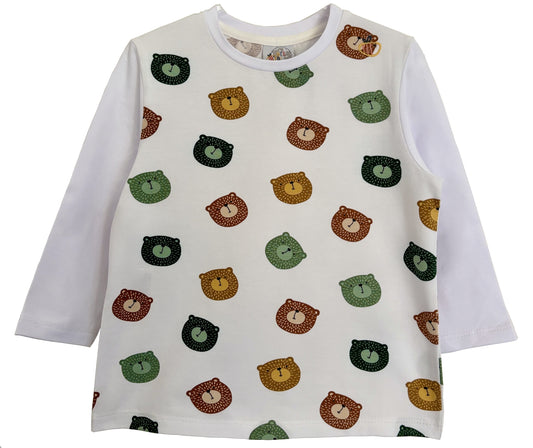 Maglietta con bottoni a manica lunga in cotone biologico – Bianca con fantasia Orsi Colorati