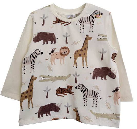 Maglietta a manica lunga in cotone biologico – Avorio con fantasia Safari