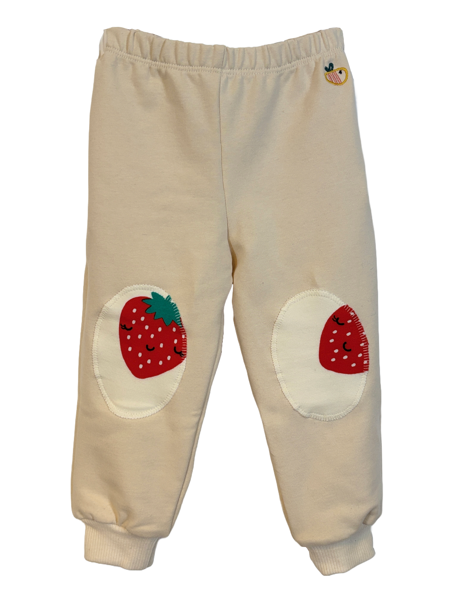 Pantalone lungo in cotone biologico felpato con toppe – Color Panna con toppe con le fragole