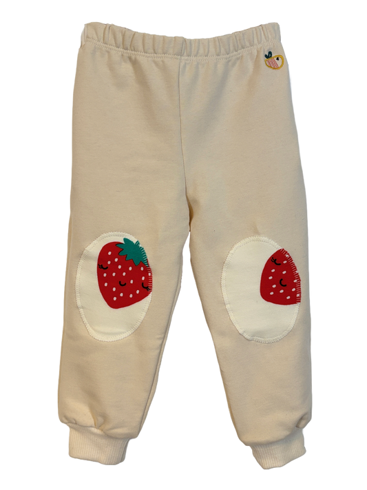 Pantalone lungo in cotone biologico felpato con toppe – Color Panna con toppe con le fragole