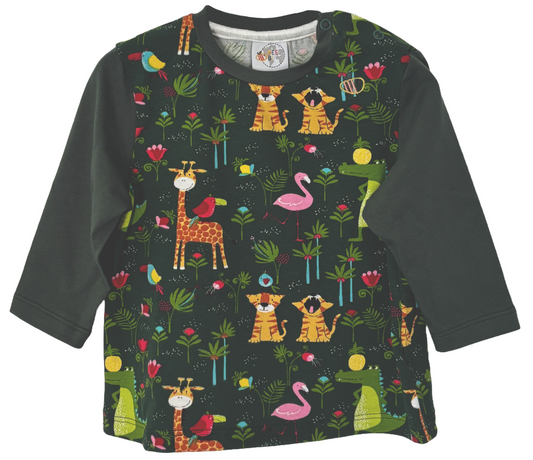 Maglietta con bottoni a manica lunga in cotone biologico – Verde con fantasia Giungla