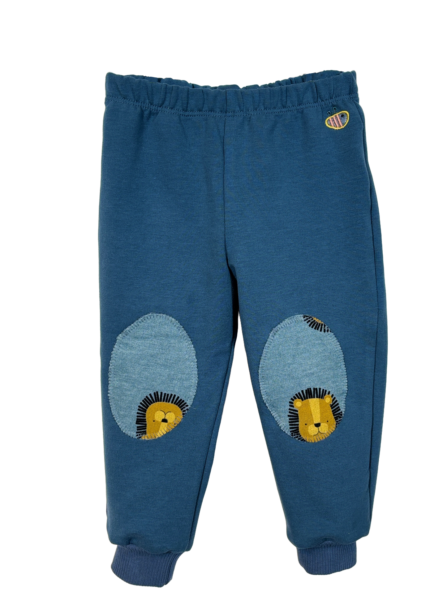 Pantalone lungo in cotone biologico felpato con toppe – Colore Blu con toppe con leoni