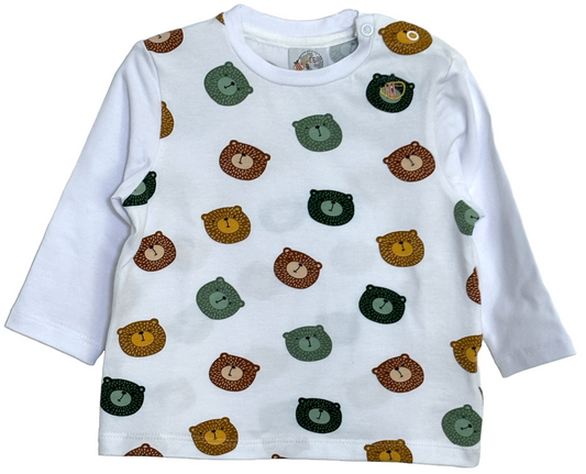 Maglietta a manica lunga in cotone biologico – Bianca con fantasia Orsi