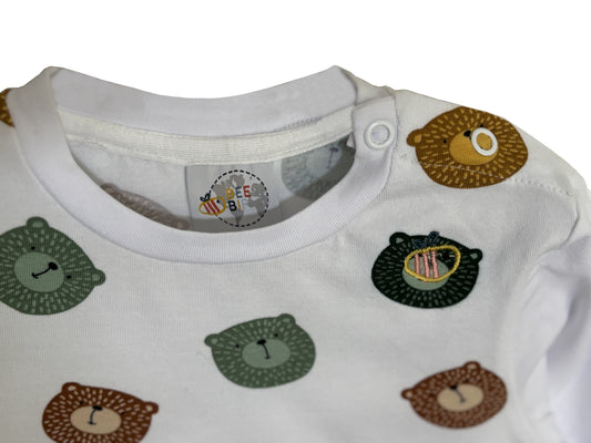 Maglietta con bottoni a manica lunga in cotone biologico – Bianca con fantasia Orsi Colorati