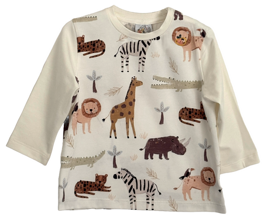 Maglietta con bottoni a manica lunga in cotone biologico – Avorio con fantasia Safari